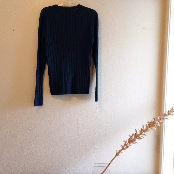 Dark Teal Merino Wool Blend V Neck Sweater 90s Minimalist Academia Classic - Picture 4 of 14